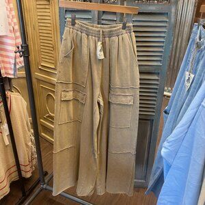 Easel Washed Faded Olive Terry Knit Cargo Pants